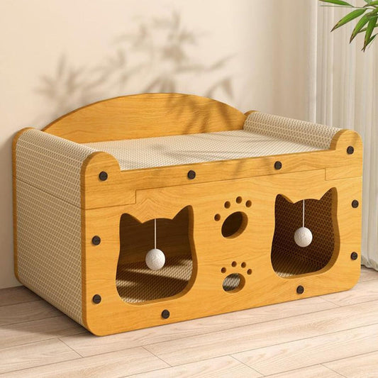 2-In-1 Cat Scratching Bed with Hideaway House, Wear-Resistant Corrugated Cardboard Cat Furniture for Indoor Cats, 22X11X11.4In Double-Layer